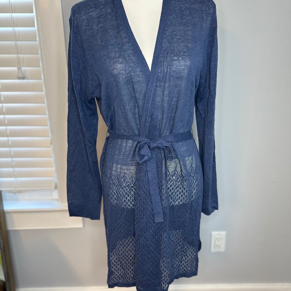 Carlisle denim blue, linen blend knit long cardigan with belt. SZ M. Like new!
